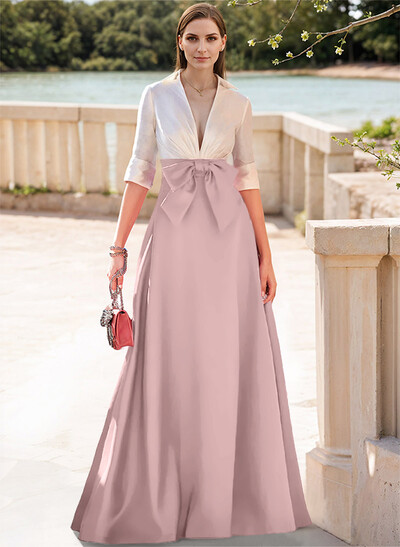 A-Line V-Neck 1/2 Sleeves Satin Mother Of The Bride Dresses With Bow(s)
