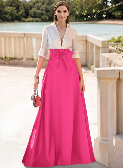 A-Line V-Neck 1/2 Sleeves Satin Mother Of The Bride Dresses With Bow(s)