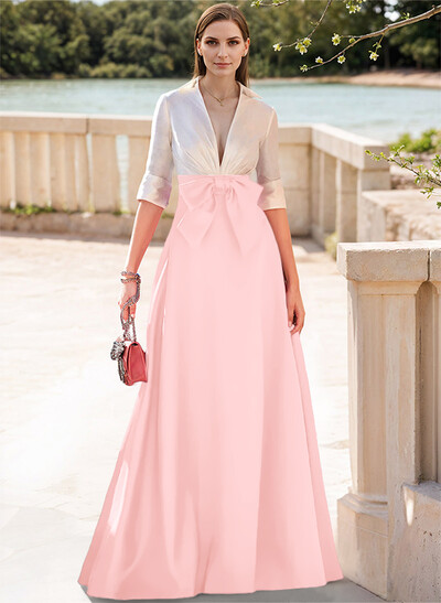 A-Line V-Neck 1/2 Sleeves Satin Mother Of The Bride Dresses With Bow(s)