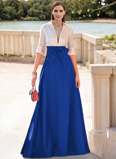 A-Line V-Neck 1/2 Sleeves Satin Mother Of The Bride Dresses With Bow(s)