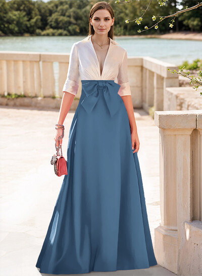 A-Line V-Neck 1/2 Sleeves Satin Mother Of The Bride Dresses With Bow(s)
