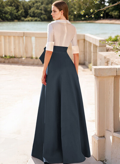 A-Line V-Neck 1/2 Sleeves Satin Mother Of The Bride Dresses With Bow(s)