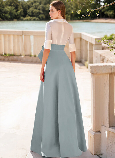 A-Line V-Neck 1/2 Sleeves Satin Mother Of The Bride Dresses With Bow(s)