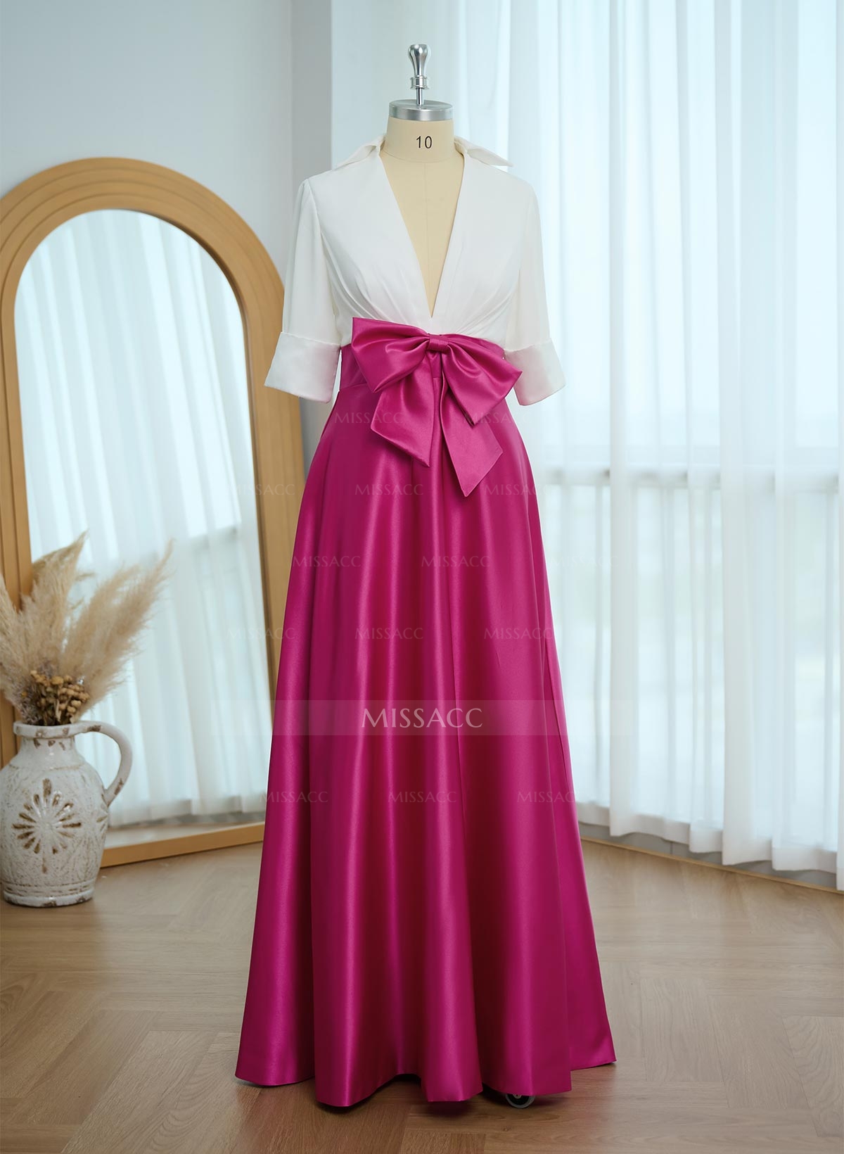A-Line V-Neck 1/2 Sleeves Satin Mother Of The Bride Dresses With Bow(s)