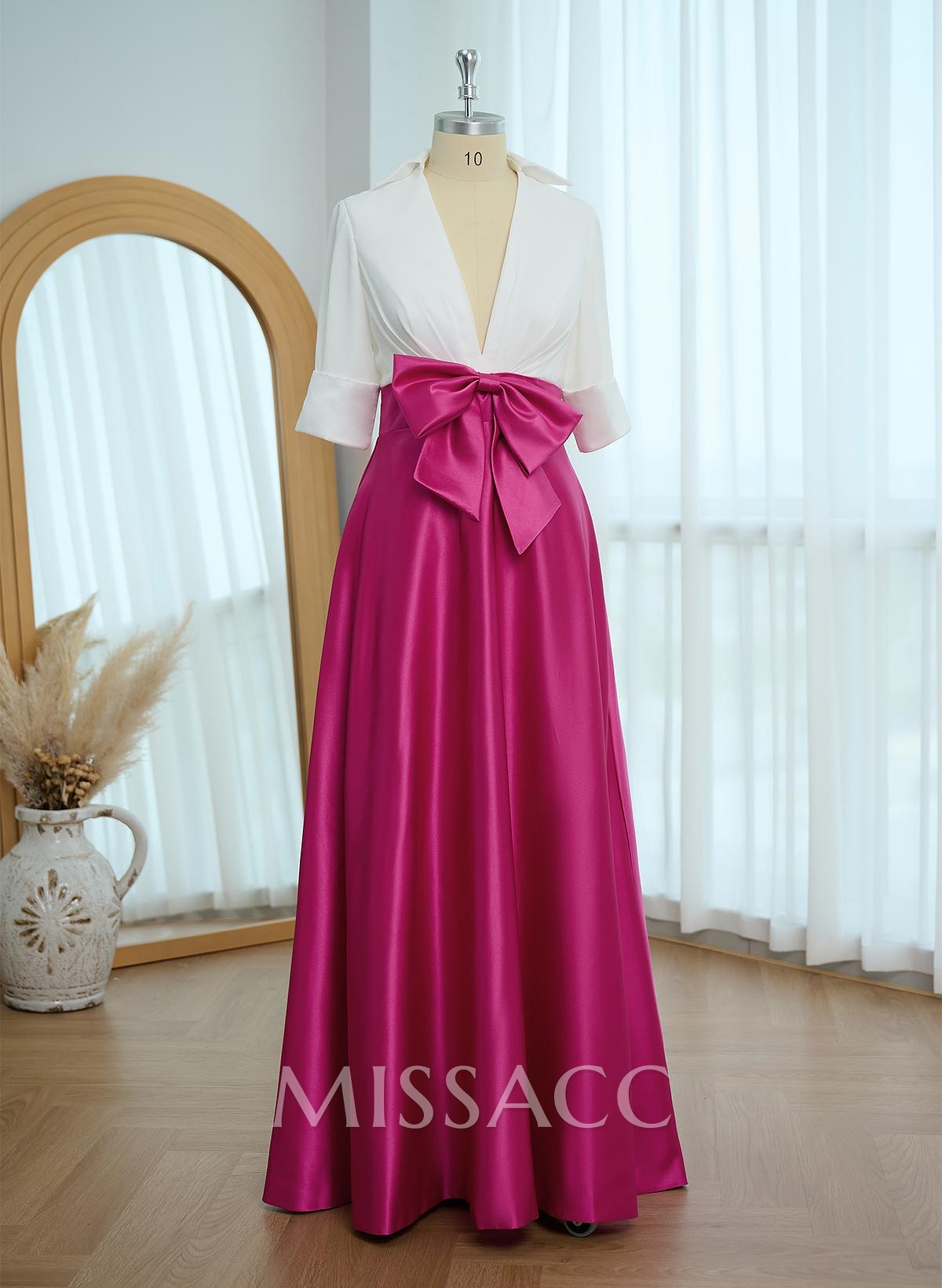 A-Line V-Neck 1/2 Sleeves Satin Mother Of The Bride Dresses With Bow(s) A-Line V-Neck 1/2 Sleeves Satin Mother Of The Bride Dresses With Bow(s)