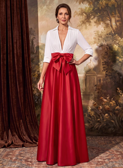 A-Line V-Neck 1/2 Sleeves Satin Mother Of The Bride Dresses With Bow(s)