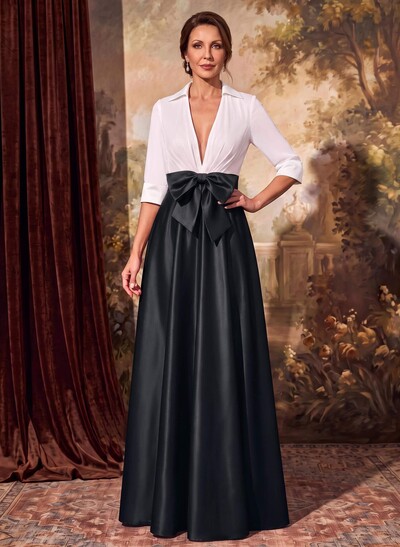 A-Line V-Neck 1/2 Sleeves Satin Mother Of The Bride Dresses With Bow(s)