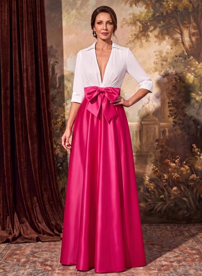 A-Line V-Neck 1/2 Sleeves Satin Mother Of The Bride Dresses With Bow(s)