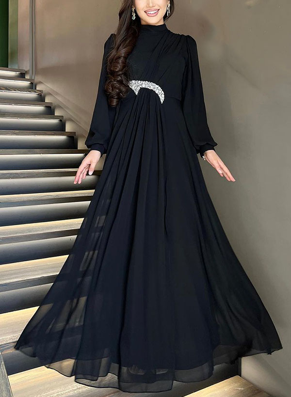 A-Line High Neck Long Sleeves Chiffon Mother Of The Bride Dresses With Rhinestone