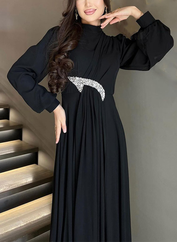A-Line High Neck Long Sleeves Chiffon Mother Of The Bride Dresses With Rhinestone