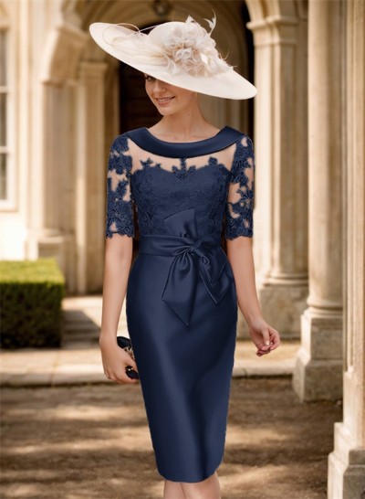 Sheath/Column Scoop Neck Satin Mother Of The Bride Dresses With Appliques Lace