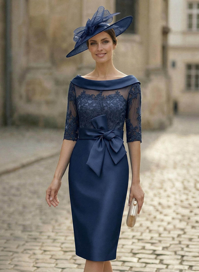 Sheath/Column Scoop Neck Satin Mother Of The Bride Dresses With Appliques Lace