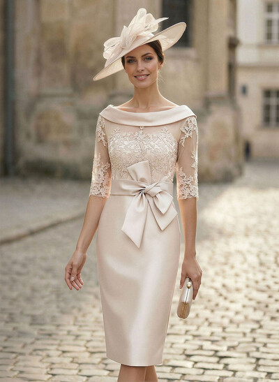 Sheath/Column Scoop Neck Satin Mother Of The Bride Dresses With Appliques Lace
