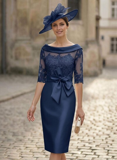 Sheath/Column Scoop Neck Satin Mother Of The Bride Dresses With Appliques Lace