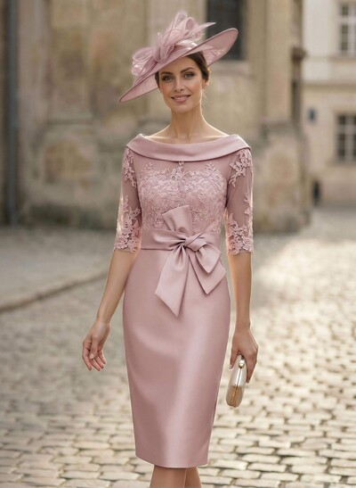 Sheath/Column Scoop Neck Satin Mother Of The Bride Dresses With Appliques Lace
