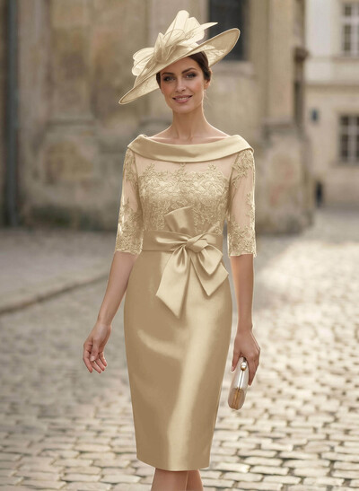 Sheath/Column Scoop Neck Satin Mother Of The Bride Dresses With Appliques Lace