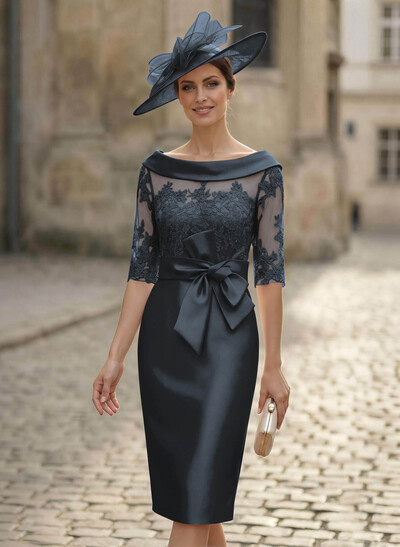 Sheath/Column Scoop Neck Satin Mother Of The Bride Dresses With Appliques Lace
