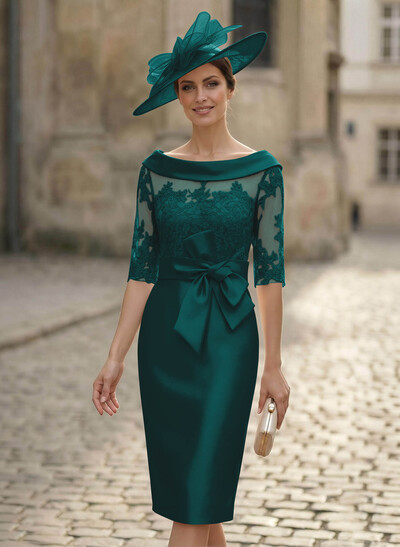 Sheath/Column Scoop Neck Satin Mother Of The Bride Dresses With Appliques Lace