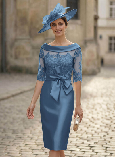 Sheath/Column Scoop Neck Satin Mother Of The Bride Dresses With Appliques Lace