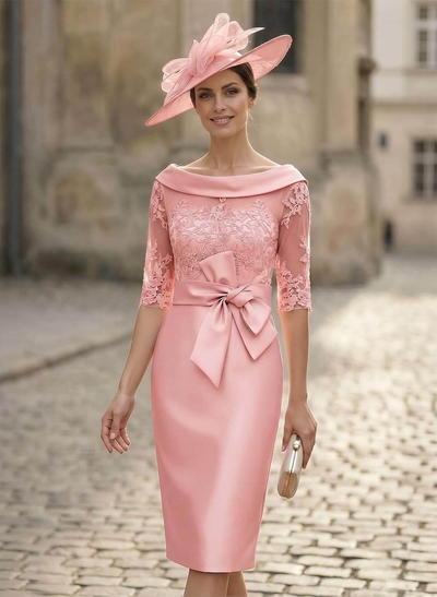 Sheath/Column Scoop Neck Satin Mother Of The Bride Dresses With Appliques Lace