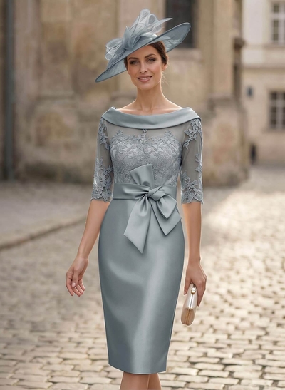 Sheath/Column Scoop Neck Satin Mother Of The Bride Dresses With Appliques Lace
