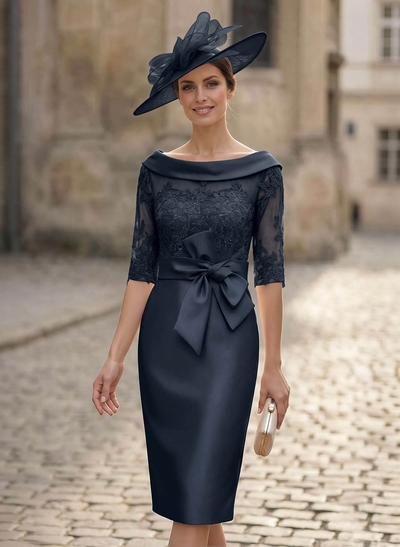 Sheath/Column Scoop Neck Satin Mother Of The Bride Dresses With Appliques Lace