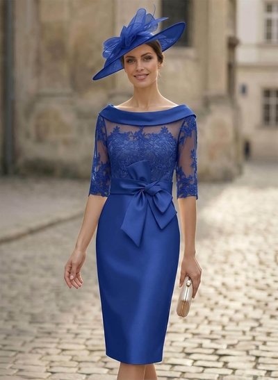 Sheath/Column Scoop Neck Satin Mother Of The Bride Dresses With Appliques Lace