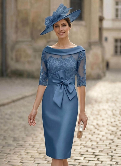 Sheath/Column Scoop Neck Satin Mother Of The Bride Dresses With Appliques Lace