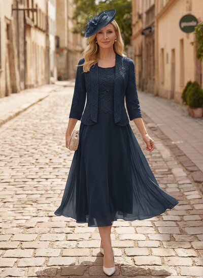 A-Line Scoop Neck Chiffon Mother Of The Bride Dresses With Appliques Lace