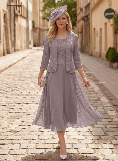 A-Line Scoop Neck Chiffon Mother Of The Bride Dresses With Appliques Lace