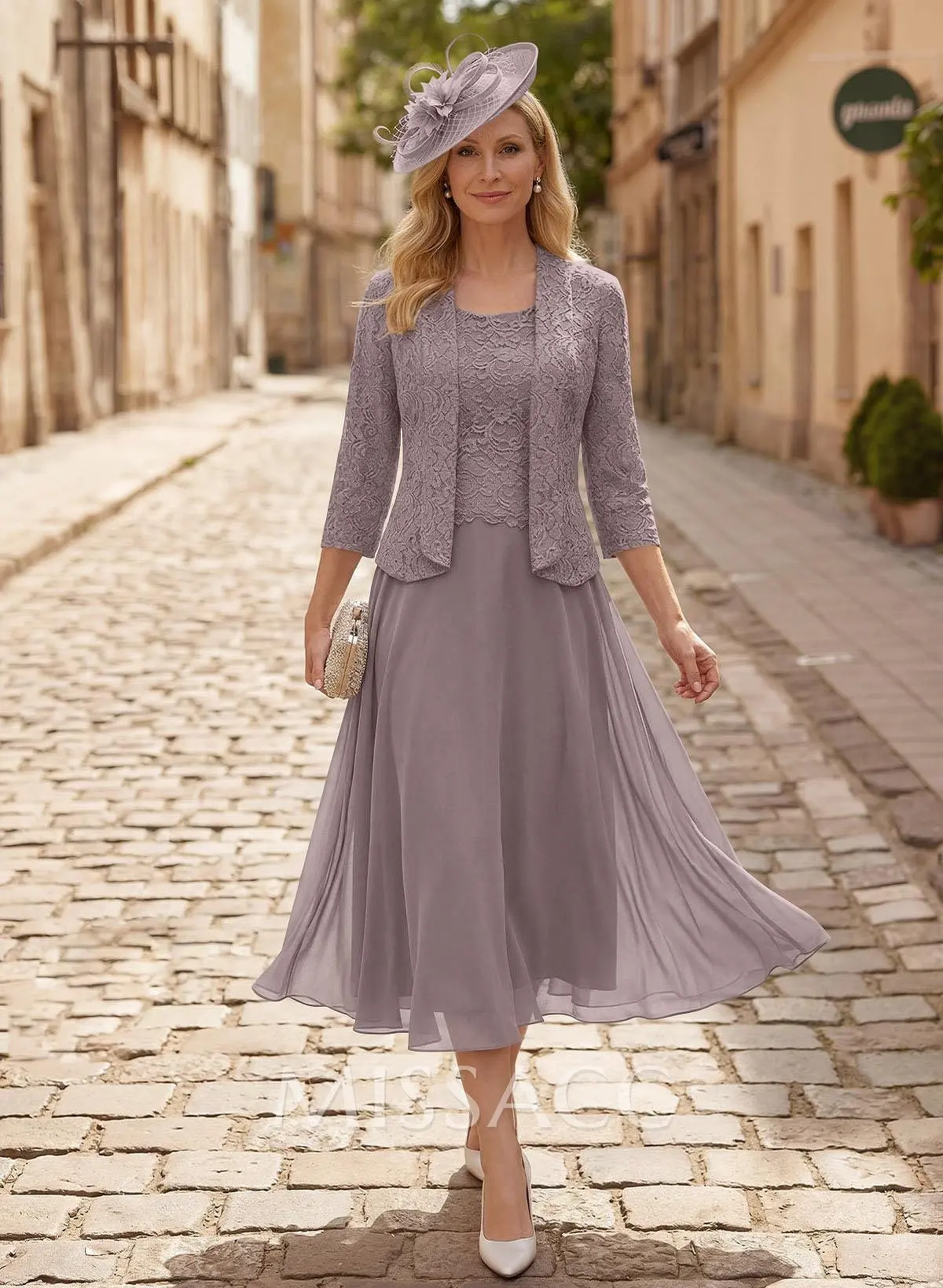 grey lace mother of the bride dress Illusion Lace Neckline 3/4 Sleeves Mother Of The Bride Dress