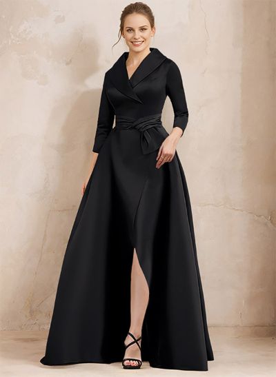 A-Line V-Neck 3/4 Sleeves Satin Mother Of The Bride Dresses With Split Front