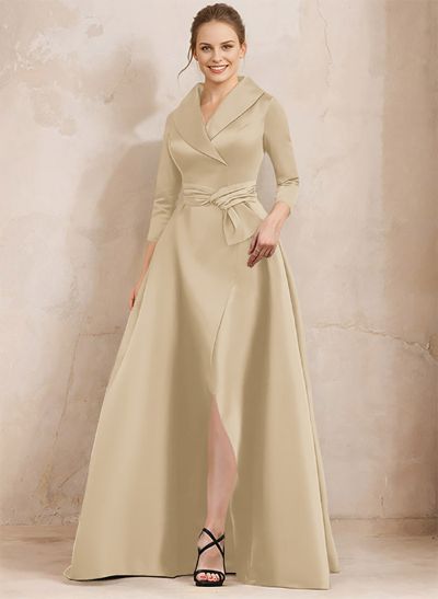 A-Line V-Neck 3/4 Sleeves Satin Mother Of The Bride Dresses With Split Front