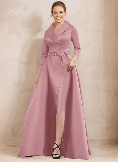 A-Line V-Neck 3/4 Sleeves Satin Mother Of The Bride Dresses With Split Front