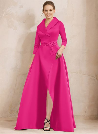 A-Line V-Neck 3/4 Sleeves Satin Mother Of The Bride Dresses With Split Front