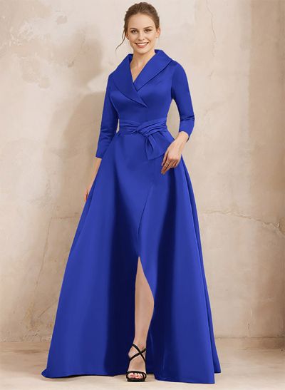 A-Line V-Neck 3/4 Sleeves Satin Mother Of The Bride Dresses With Split Front