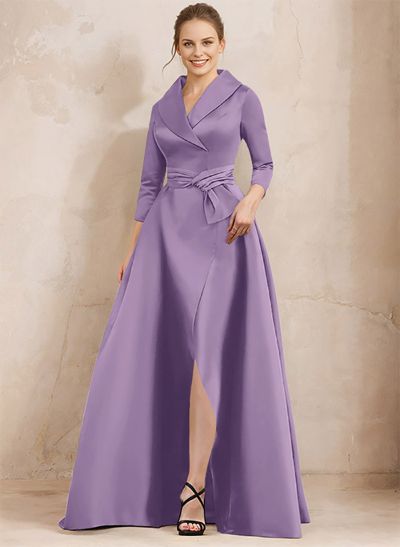 A-Line V-Neck 3/4 Sleeves Satin Mother Of The Bride Dresses With Split Front