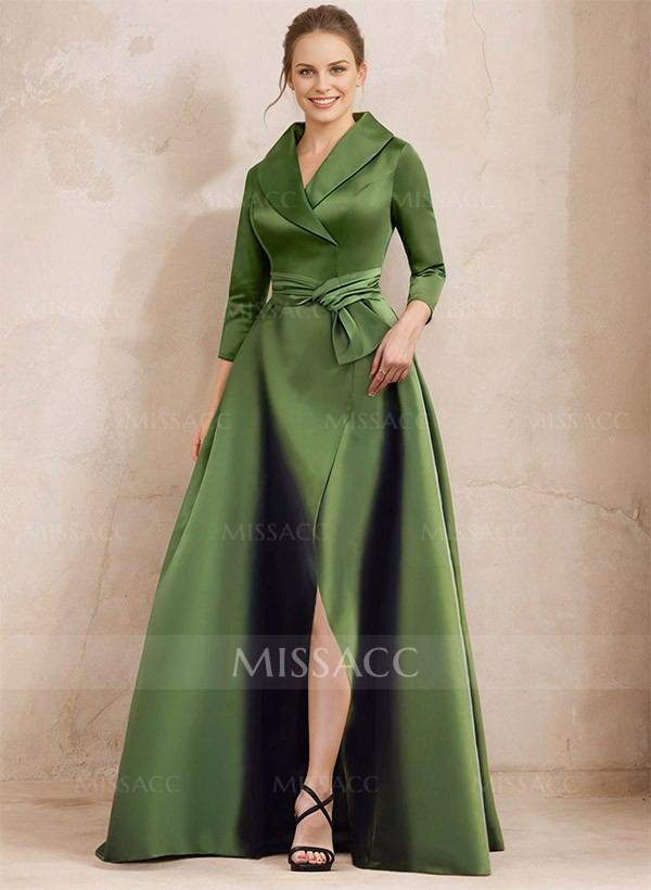 A-Line V-Neck 3/4 Sleeves Satin Mother Of The Bride Dresses With Split Front