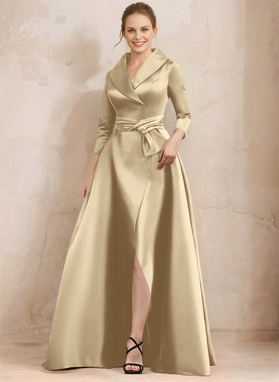 A-Line V-Neck 3/4 Sleeves Satin Mother Of The Bride Dresses With Split Front
