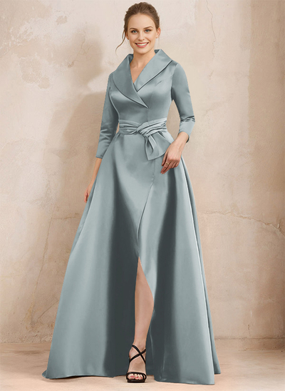 A-Line V-Neck 3/4 Sleeves Satin Mother Of The Bride Dresses With Split Front