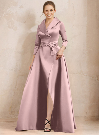 A-Line V-Neck 3/4 Sleeves Satin Mother Of The Bride Dresses With Split Front