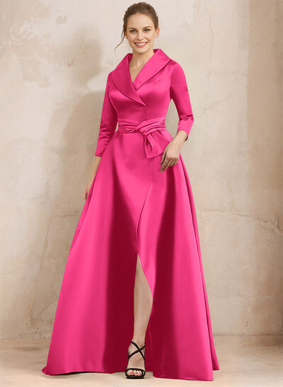 A-Line V-Neck 3/4 Sleeves Satin Mother Of The Bride Dresses With Split Front