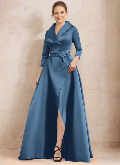 A-Line V-Neck 3/4 Sleeves Satin Mother Of The Bride Dresses With Split Front