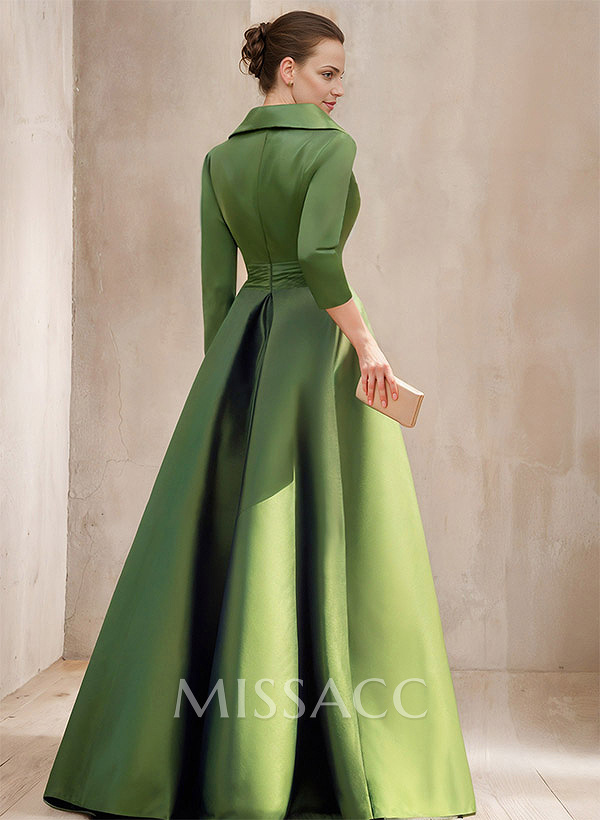 A-Line V-Neck 3/4 Sleeves Satin Mother Of The Bride Dresses With Split Front
