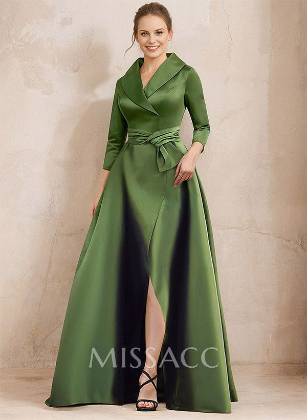 A-Line V-Neck 3/4 Sleeves Satin Mother Of The Bride Dresses With Split Front