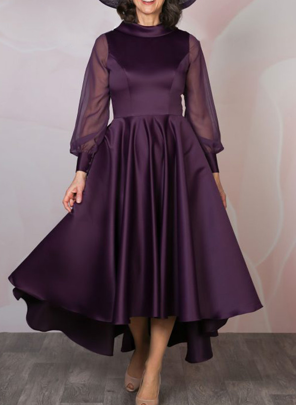 A-Line High Neck Long Sleeves Asymmetrical Satin Mother Of The Bride Dresses