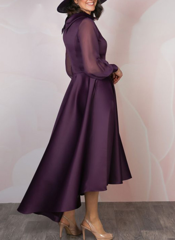 A-Line High Neck Long Sleeves Asymmetrical Satin Mother Of The Bride Dresses