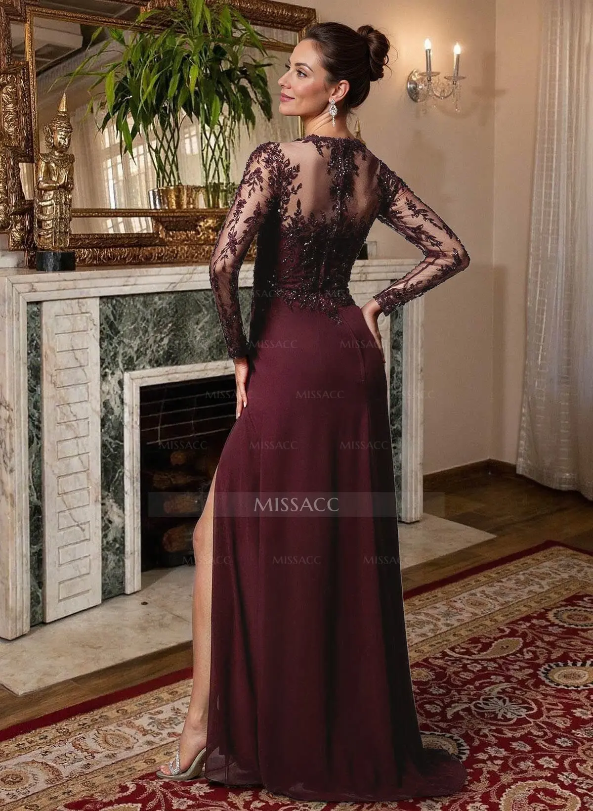 Sheath/Column V-neck 3/4 Sleeves Beading Long Chiffon Mother of the Bride Dresses