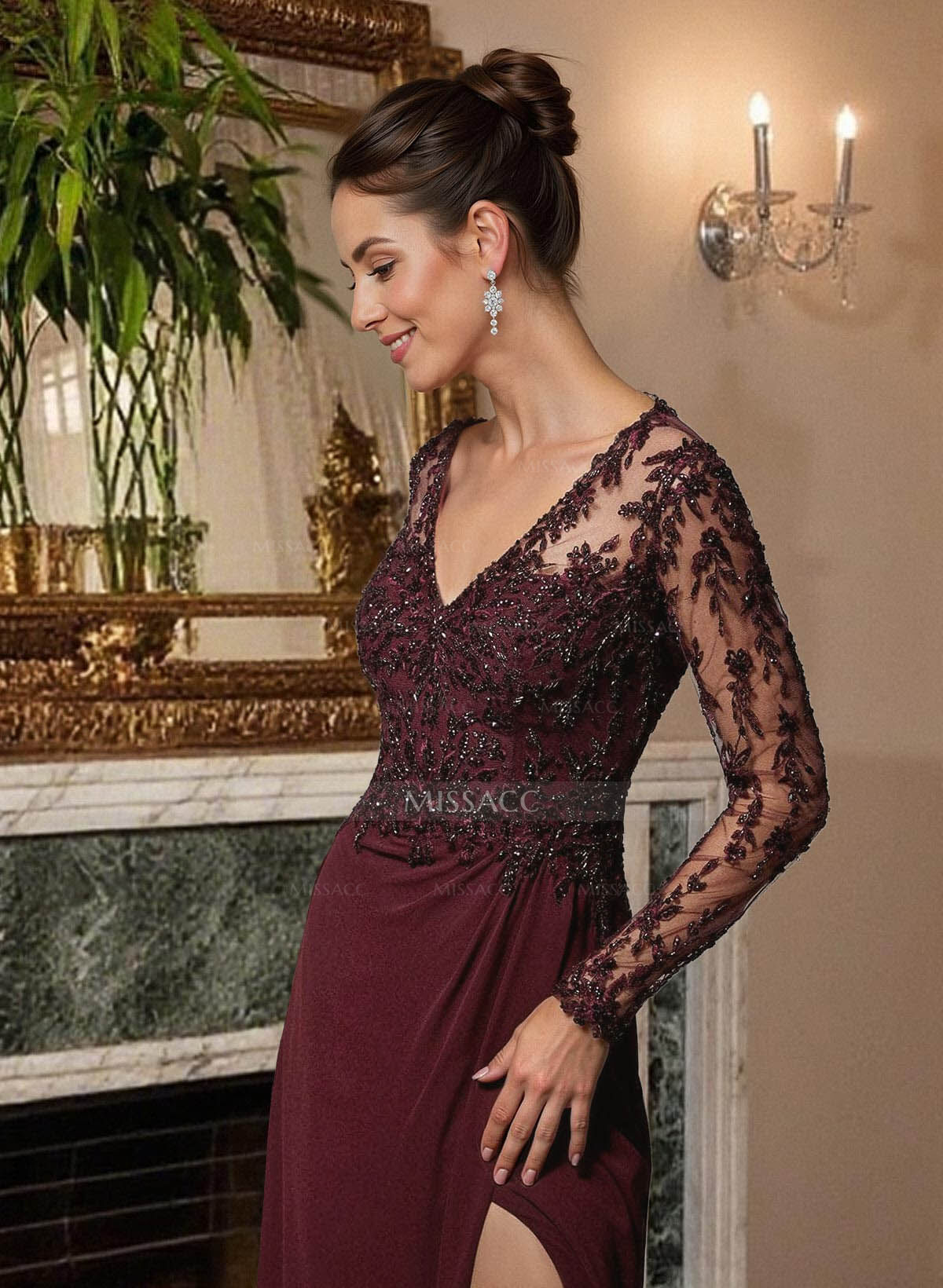 Sheath/Column V-Neck Chiffon Mother Of The Bride Dresses With Split Front