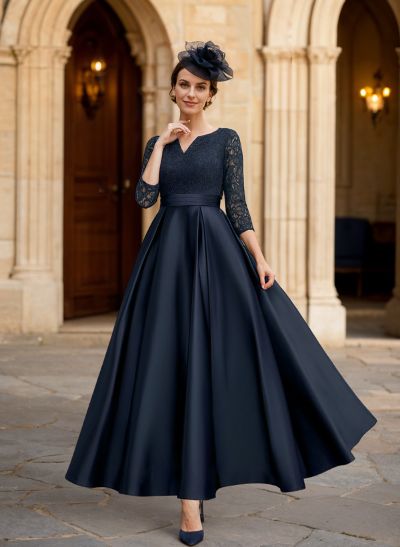 A-Line 3/4 Sleeves Ankle-Length Satin Mother Of The Bride Dresses With Lace